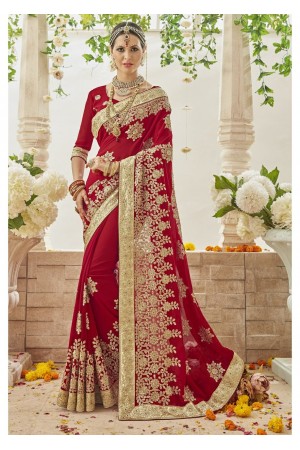 Red Faux Georgette Embroidered Bridal Saree 1208