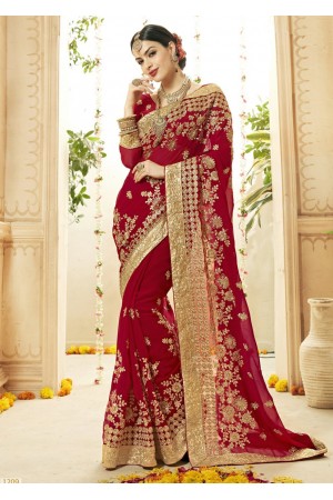 Red Faux Georgette Embroidered Bridal Saree 1209