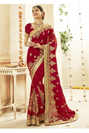 Red Faux Georgette Embroidered Bridal Saree 1210