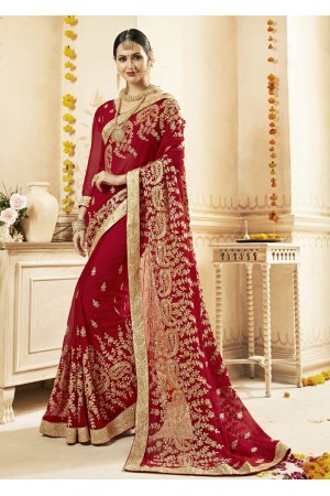 Red Faux Georgette Embroidered Bridal Saree 1211