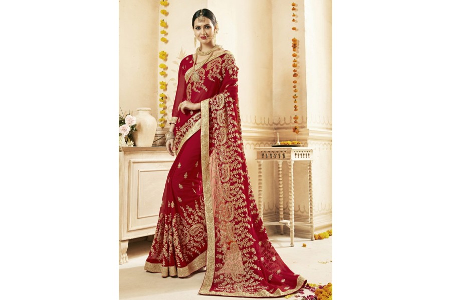 BEAUTIFUL RED DESIGNER GEORGETTE BASE PRE DRAPPED GOWN SAREE main image 0
