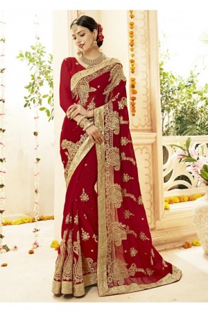 Red Faux Georgette Embroidered Bridal Saree 1212
