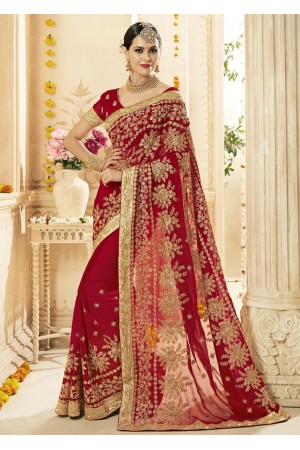 Red Faux Georgette Embroidered Bridal Saree 1216