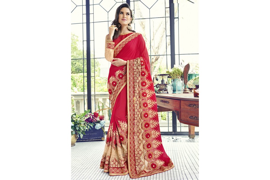 Faux georgette fully embroidered Saree