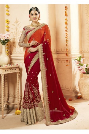 Red Georgette Chiffon Embroidered Bridal Saree 1113