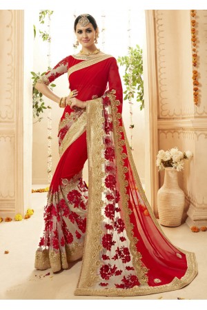 Red Georgette Net Embroidered Bridal Saree 1115