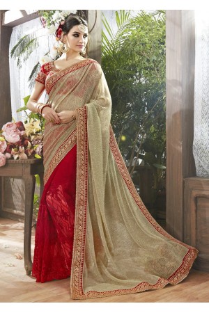 Red Georgette Net Half n Half Embroidered Saree 87060