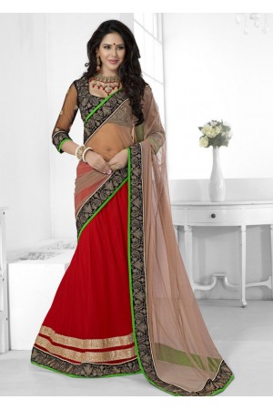 Red Net Embroidered Half n Half Lehenga Saree 38008