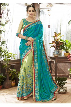 SkyBlue Art Silk Net Half n Half Embroidered Saree 87066