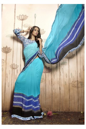 SkyBlue Colored Printed Faux Georgette Saree 31028 