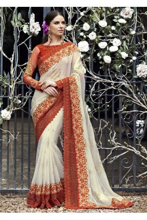 White Colored Embroidered Chiffon Wedding Saree 1029