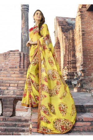 Yellow Colored Printed Faux Georgette Saree 2005