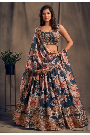 Blue organza sequins work lehenga choli 7614