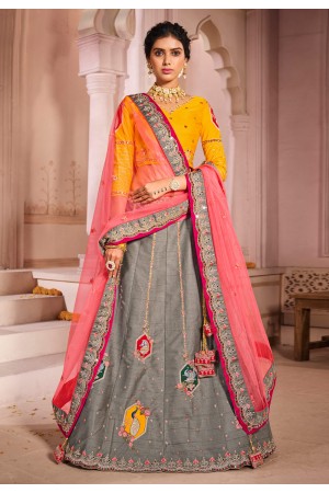 Grey silk mirror work lehenga choli 1213