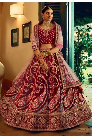 Maroon embroidered velvet bridal lehenga 5607