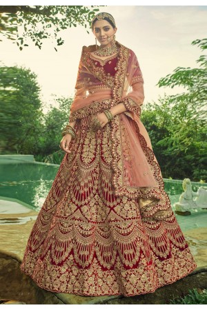 Maroon velvet embroidered bridal lehenga choli 5604