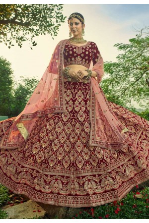 Maroon velvet flared bridal lehenga choli 5602