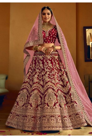 Maroon velvet sequins work bridal lehenga 5603