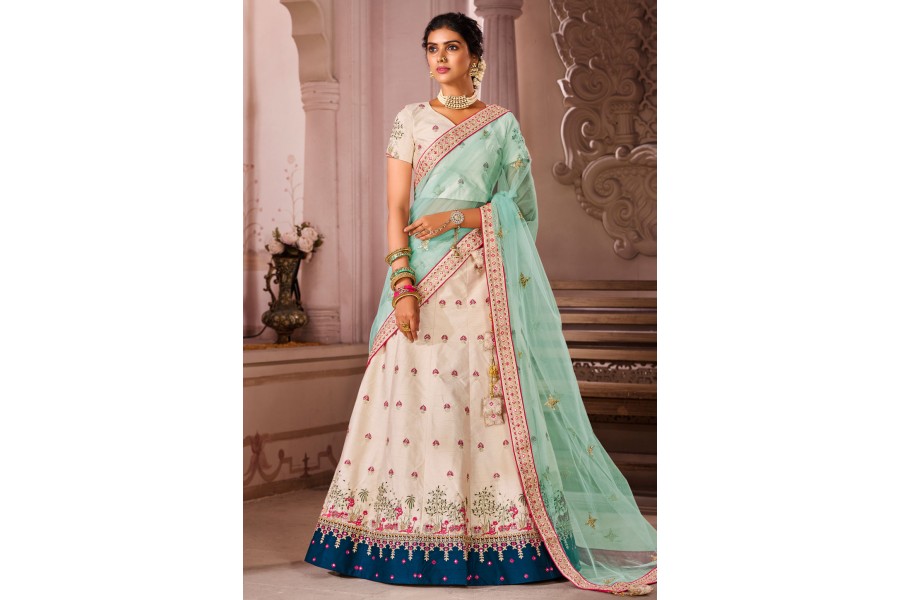 Sharanya Off-white Vichitra Silk Embroidered Lehenga Choli Set