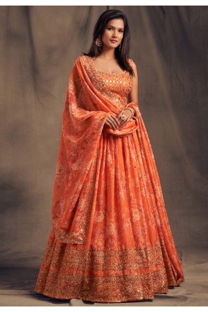 Orange organza sequins work lehenga choli 7612