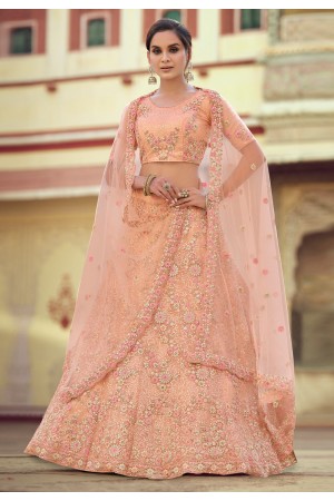 Peach net sequins work lehenga choli 7808