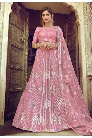 Pink net embroidered work lehenga choli 7805