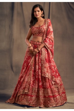 Red organza sequins work lehenga choli 7617