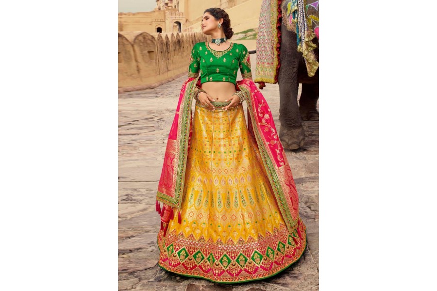 Yellow Lichi Silk Lehenga Choli