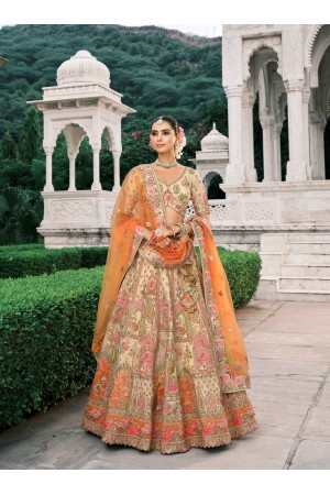 Beige Gold and Orange Tissue Zari sembroidered wedding lehenga choli 7903