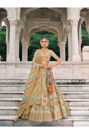Beige and green Ziraf Viscous Silk sembroidered wedding lehenga choli 7910