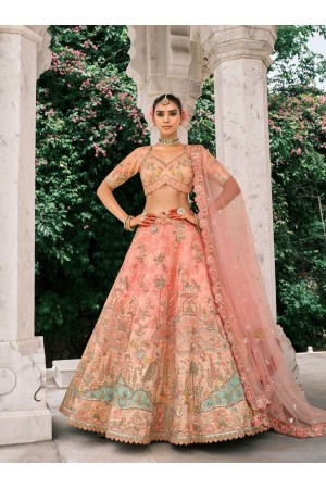 Coral Peach Ziraf Viscous Silk sembroidered wedding lehenga choli 7915
