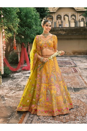Mustard Yellow Tissue Zari sembroidered wedding lehenga choli 7904