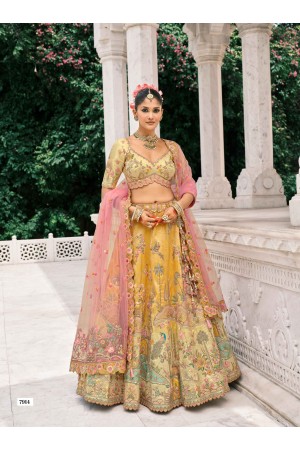 Mustard Yellow and peach Ziraf Viscous Silk sembroidered wedding lehenga choli 7914