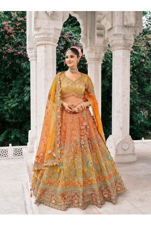 Orange and Yellow Tissue Zari sembroidered wedding lehenga choli 7901
