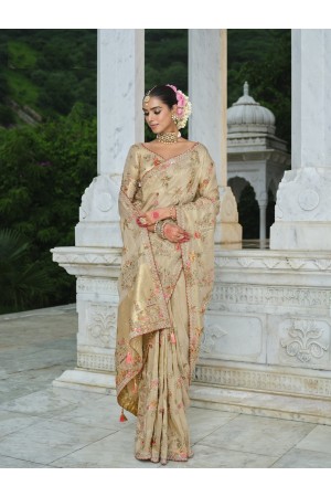 Pure smooth zari silk beige gold embroidered saree with blouse 8102