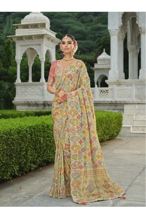 Pure smooth zari silk Multi color printed and embroidered saree with blouse 8105
