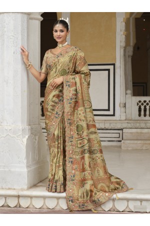 Pure smooth zari silk dusty green printed and embroidered saree with blouse 8103