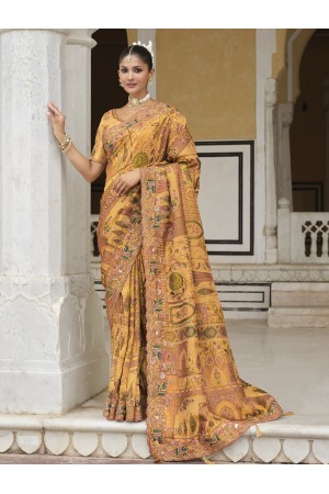 Pure smooth zari silk Mustard printed and embroidered saree with blouse 8104