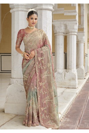 Pure smooth zari silk shaded beige peach embroidered saree with blouse 8101