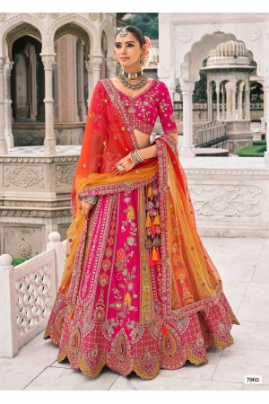 Rani Pink and Orange Raw Silk sembroidered wedding lehenga choli 7905