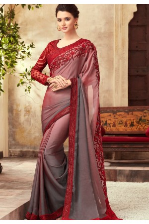Maroon and Grey Satin Georgette Party Wear Saree With Border 22001