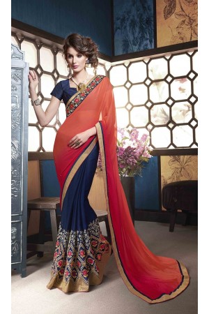 Party-wear-tomato-red-blue-color-saree