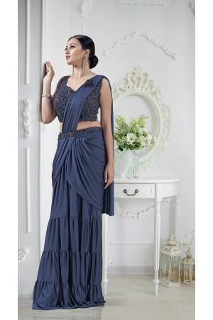 Blue lycra readymade one minute skirt saree 1015793b