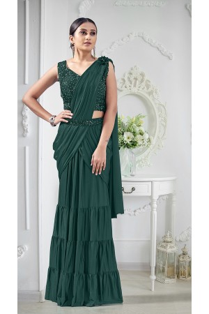 Green lycra readymade one minute skirt saree 1015793d