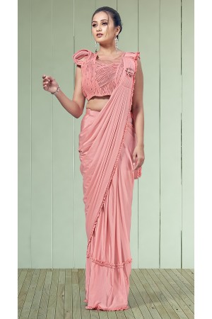 Peach lycra readymade saree 1015792c