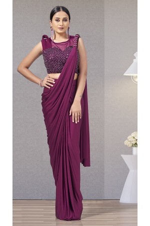 Purple lycra readymade one minute skirt saree 1015794c