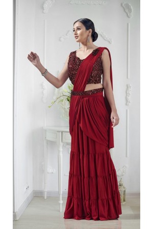 Red lycra readymade one minute skirt saree 1015793a