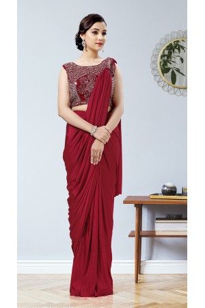 Red lycra readymade patch work saree 1015760a