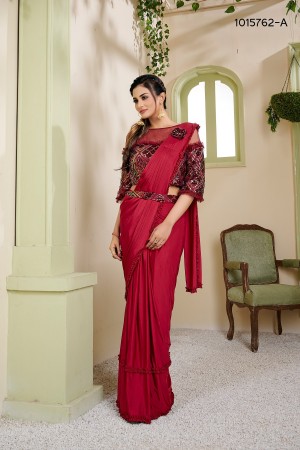 Red sequins work lycra readymade saree 1015762a