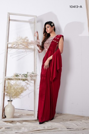 Red sequins work lycra readymade saree 10413a